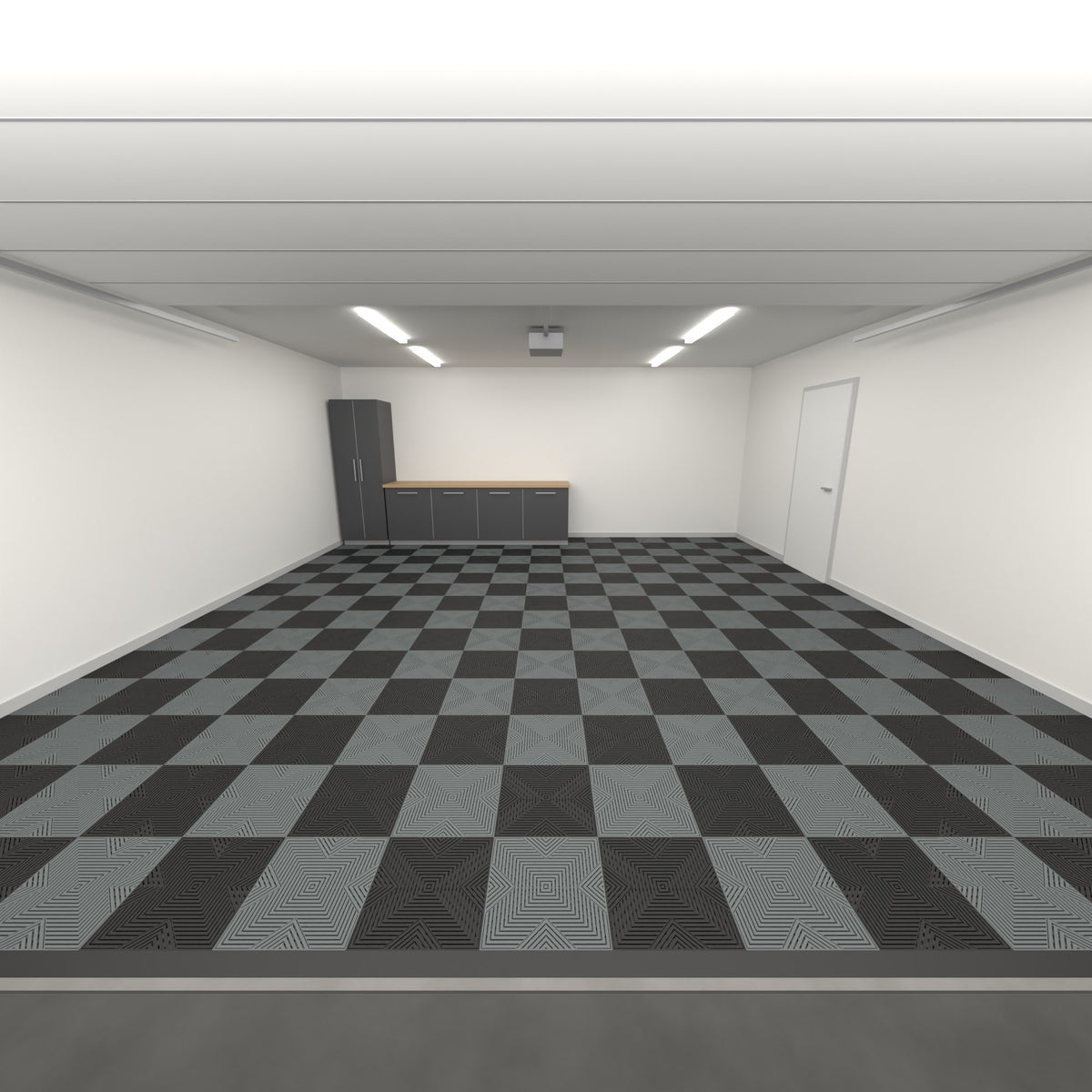 ULTRACORE Double Garage Floor Kit, Chequer, Jet Black / Space Grey, seen from the garage door