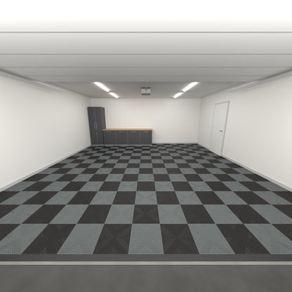 ULTRACORE Double Garage Floor Kit, Chequer, Jet Black / Space Grey, seen from the garage door