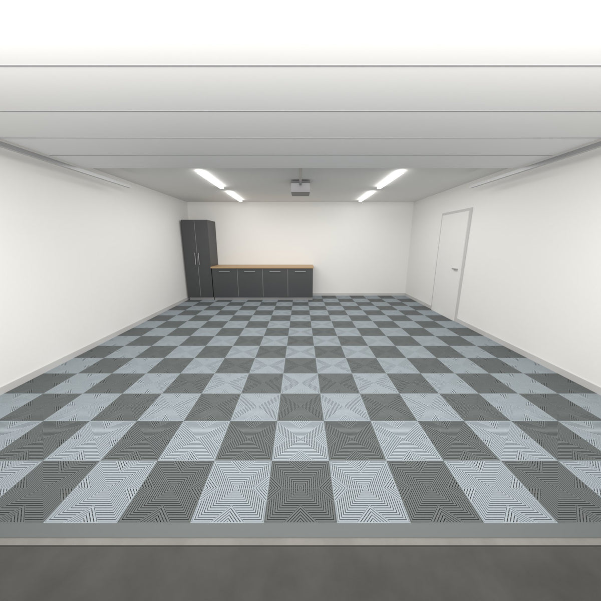 ULTRACORE Double Garage Floor Kit, Chequer, Space Grey / Silver Grey, seen from the garage door