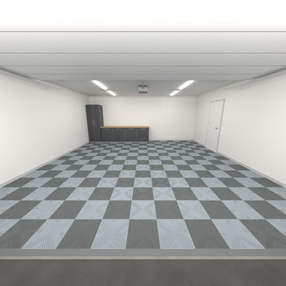 ULTRACORE Double Garage Floor Kit, Chequer, Space Grey / Silver Grey, seen from the garage door