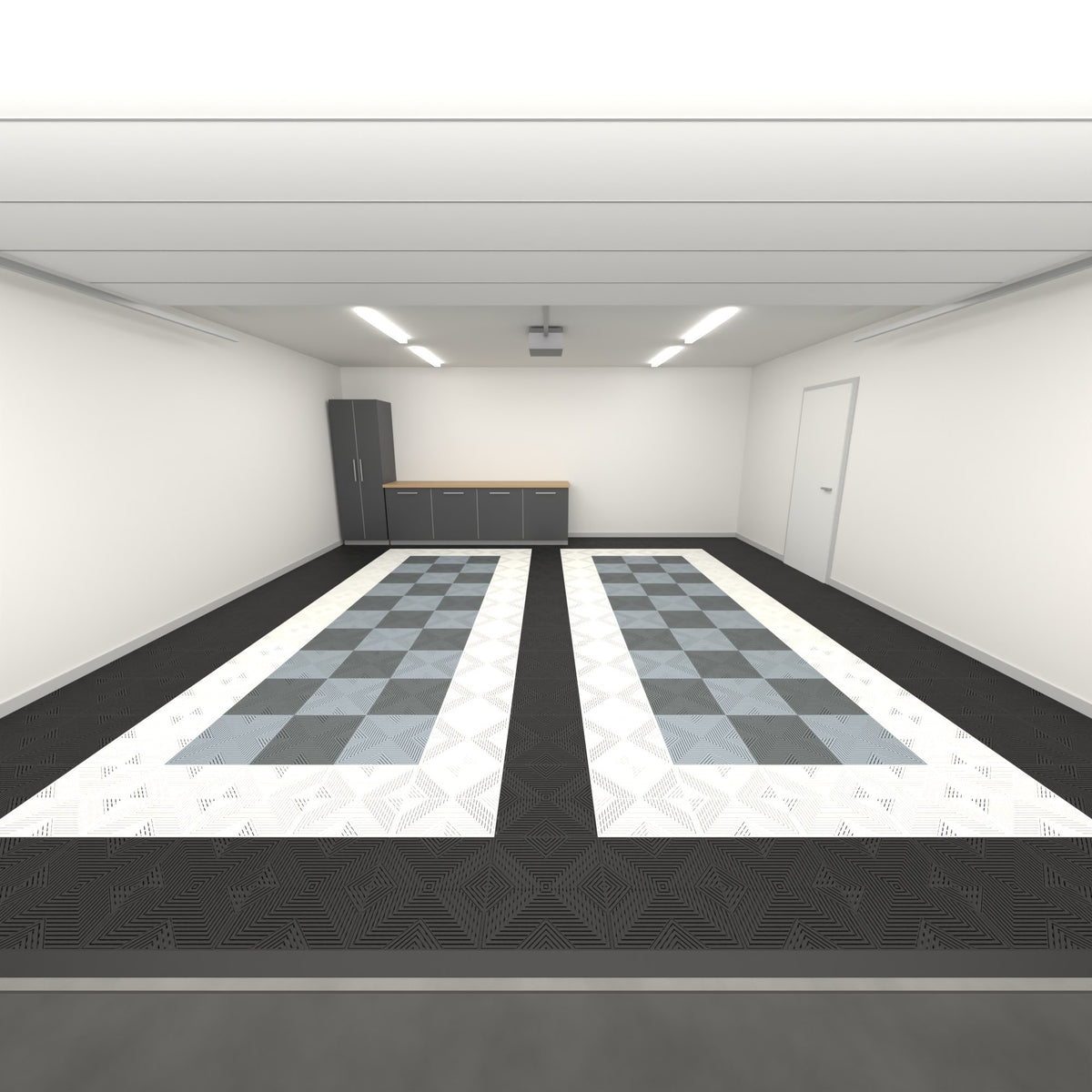 ULTRACORE Double Garage Floor Kit, Parking Bay Chequer Infill, Jet Black / Alpine White / Dark & Light Grey, seen from the garage door