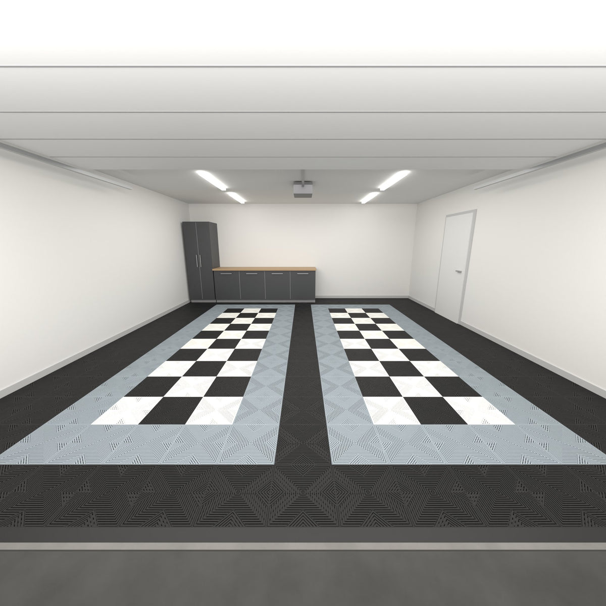ULTRACORE Double Garage Floor Kit, Parking Bay Chequer Infill, Jet Black / Silver Grey / Black & White, seen from the garage door