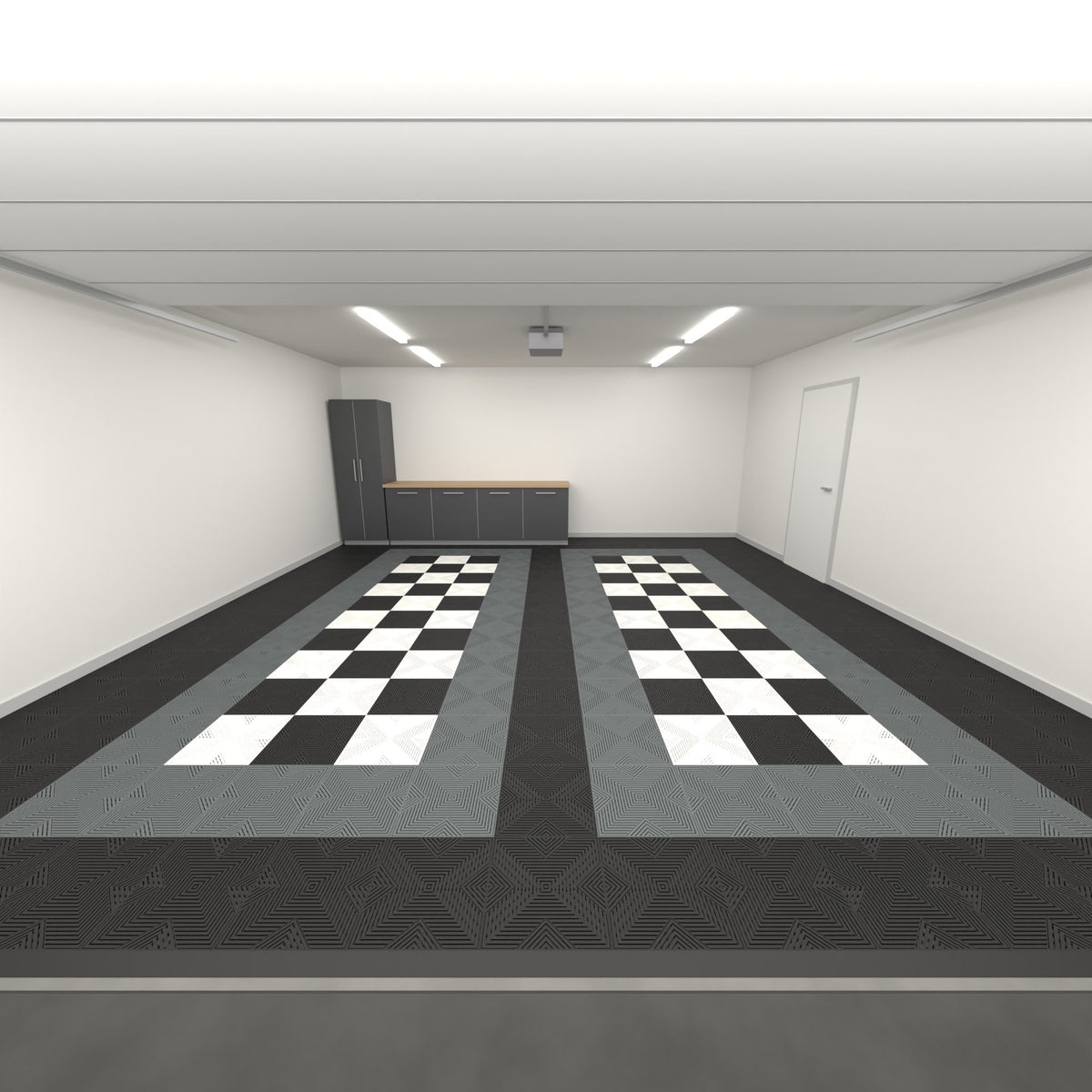 ULTRACORE Double Garage Floor Kit, Parking Bay Chequer Infill, Jet Black / Space Grey / Black & White, seen from the garage door