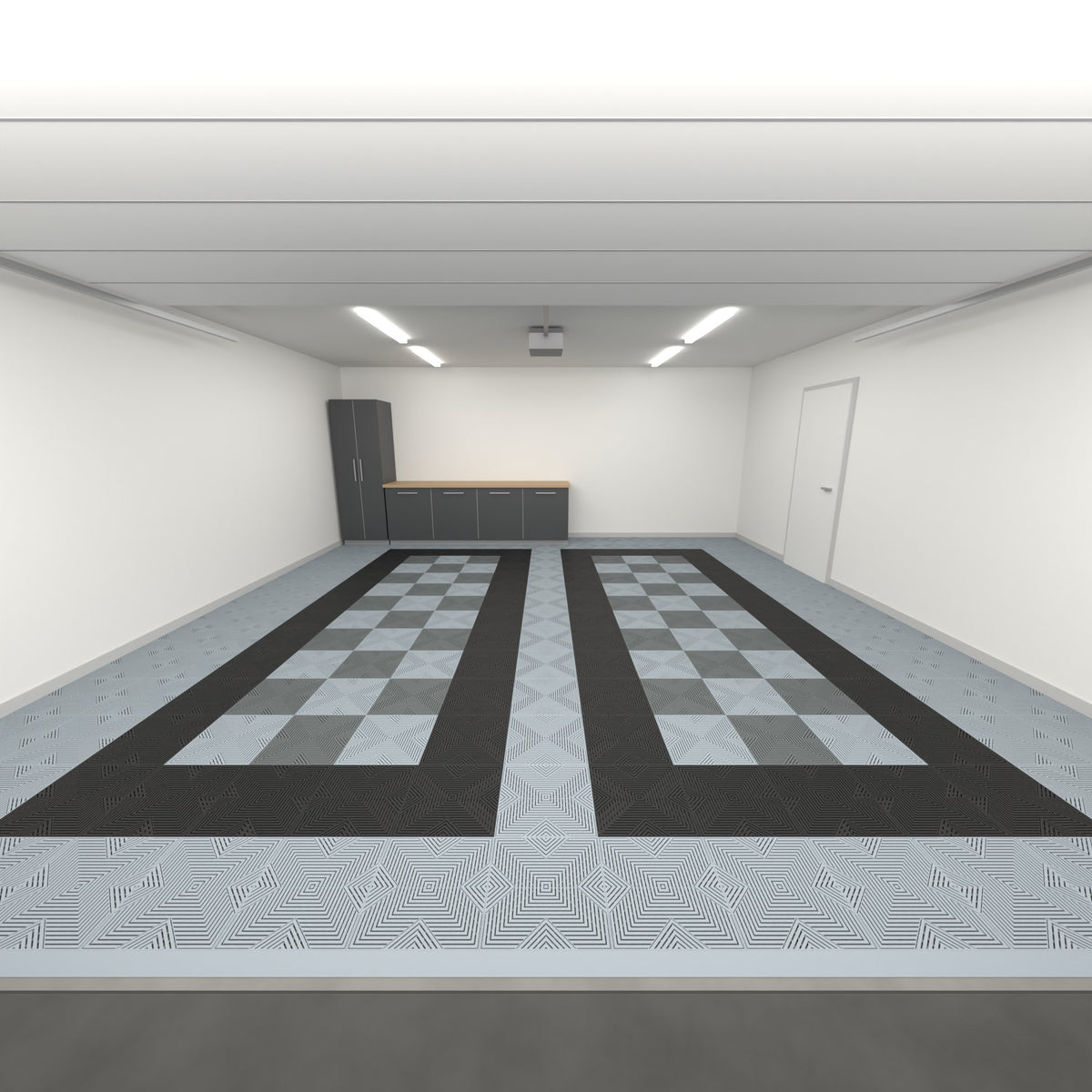 ULTRACORE Double Garage Floor Kit, Parking Bay Chequer Infill, Silver Grey / Jet Black / Dark & Light Grey, seen from the garage door