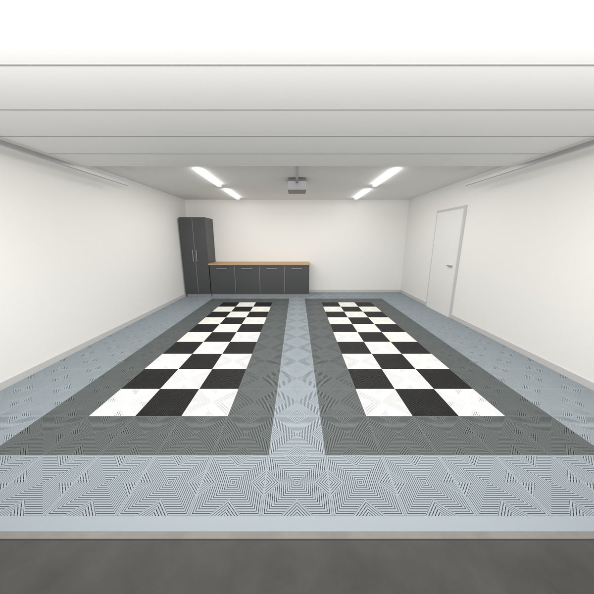 ULTRACORE Double Garage Floor Kit, Parking Bay Chequer Infill, Silver Grey / Space Grey / Black & White, seen from the garage door