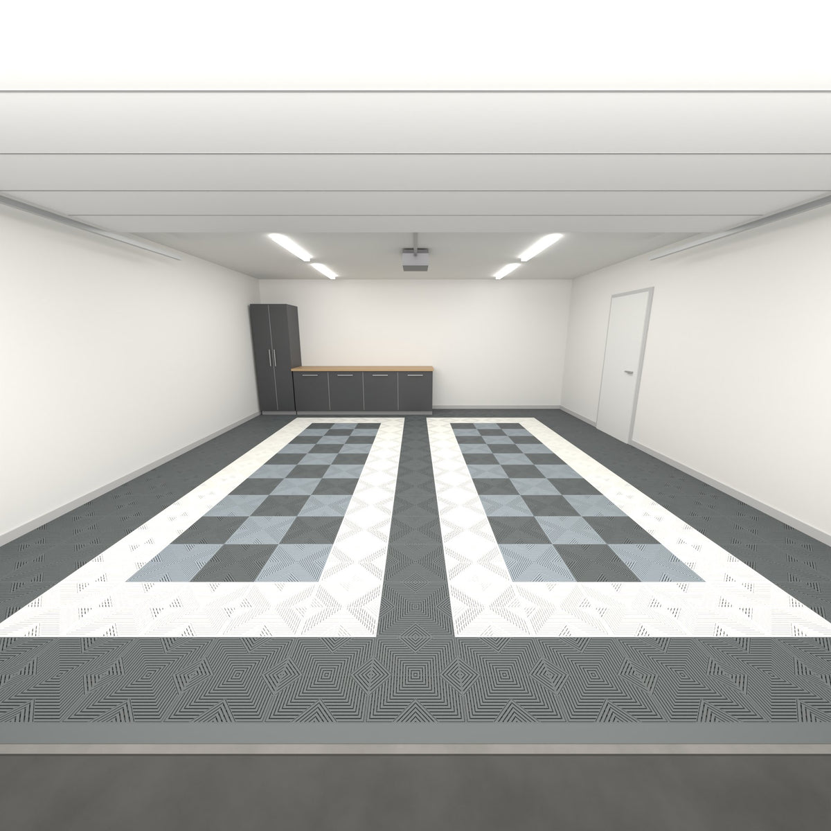 ULTRACORE Double Garage Floor Kit, Parking Bay Chequer Infill, Space Grey / Alpine White / Dark & Light Grey, seen from the garage door