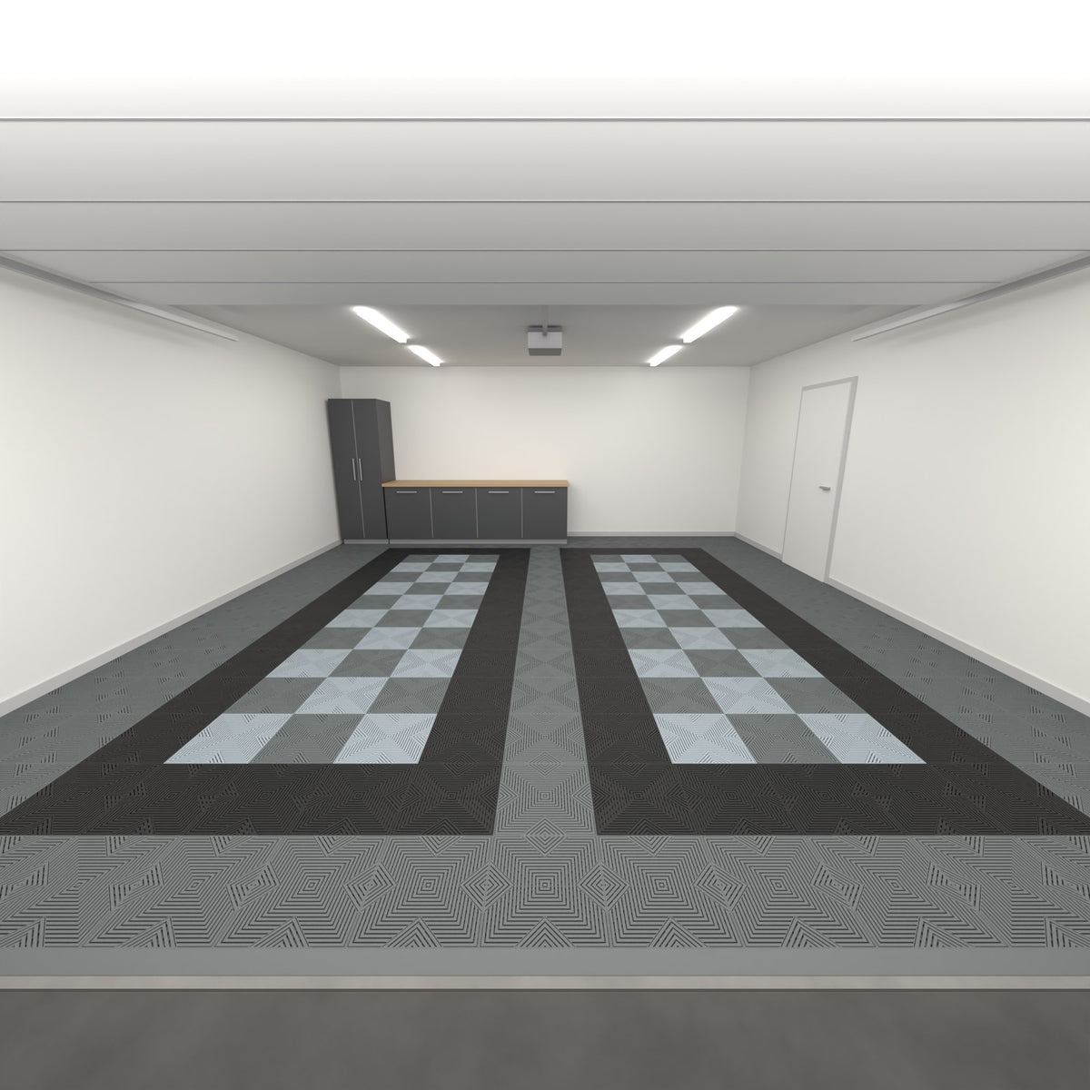 ULTRACORE Double Garage Floor Kit, Parking Bay Chequer Infill, Space Grey / Jet Black / Dark & Light Grey, seen from the garage door