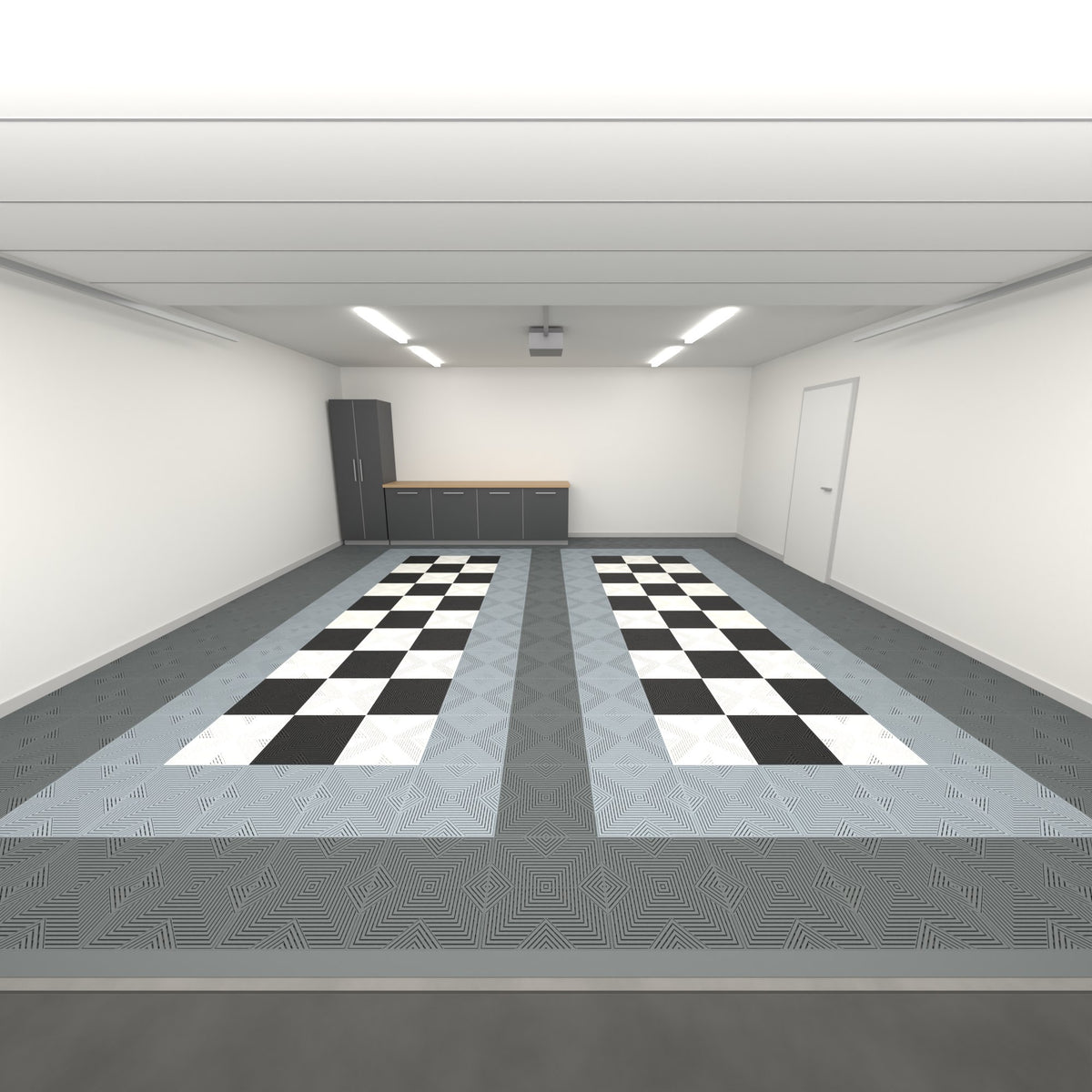 ULTRACORE Double Garage Floor Kit, Parking Bay Chequer Infill, Space Grey / Silver Grey / Black & White, seen from the garage door