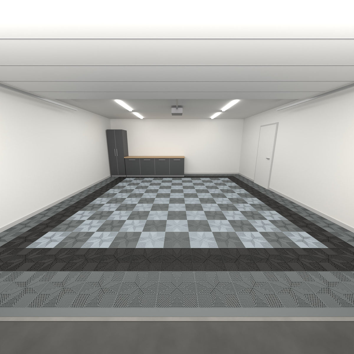 ULTRAFLUX Double Garage Floor Kit, Border Chequer Infill, Space Grey / Jet Black / Dark & Light Grey, seen from the garage door