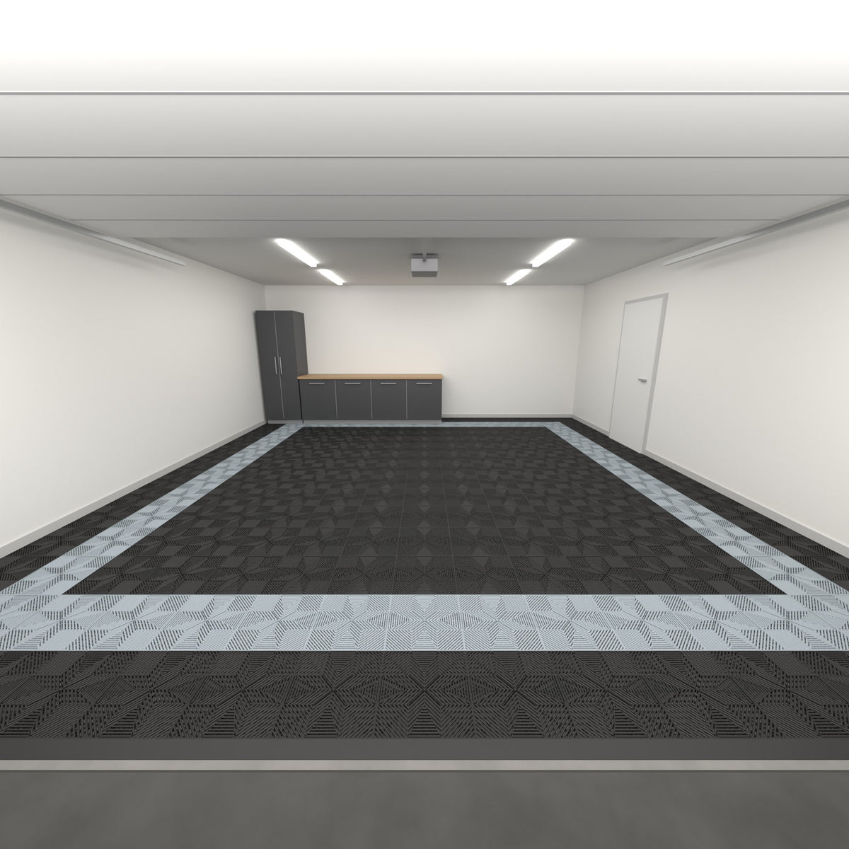 ULTRAFLUX Double Garage Floor Kit, Border Plain Infill, Jet Black / Silver Grey, seen from the garage door