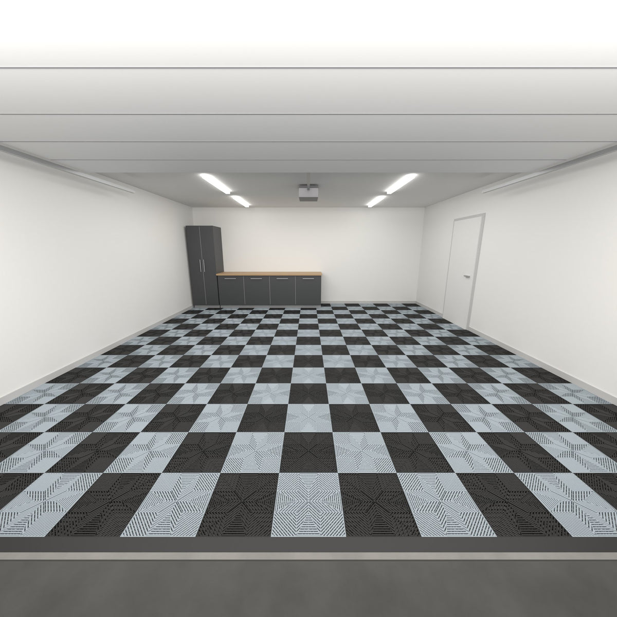 ULTRAFLUX Double Garage Floor Kit, Chequer, Jet Black / Silver Grey, seen from the garage door