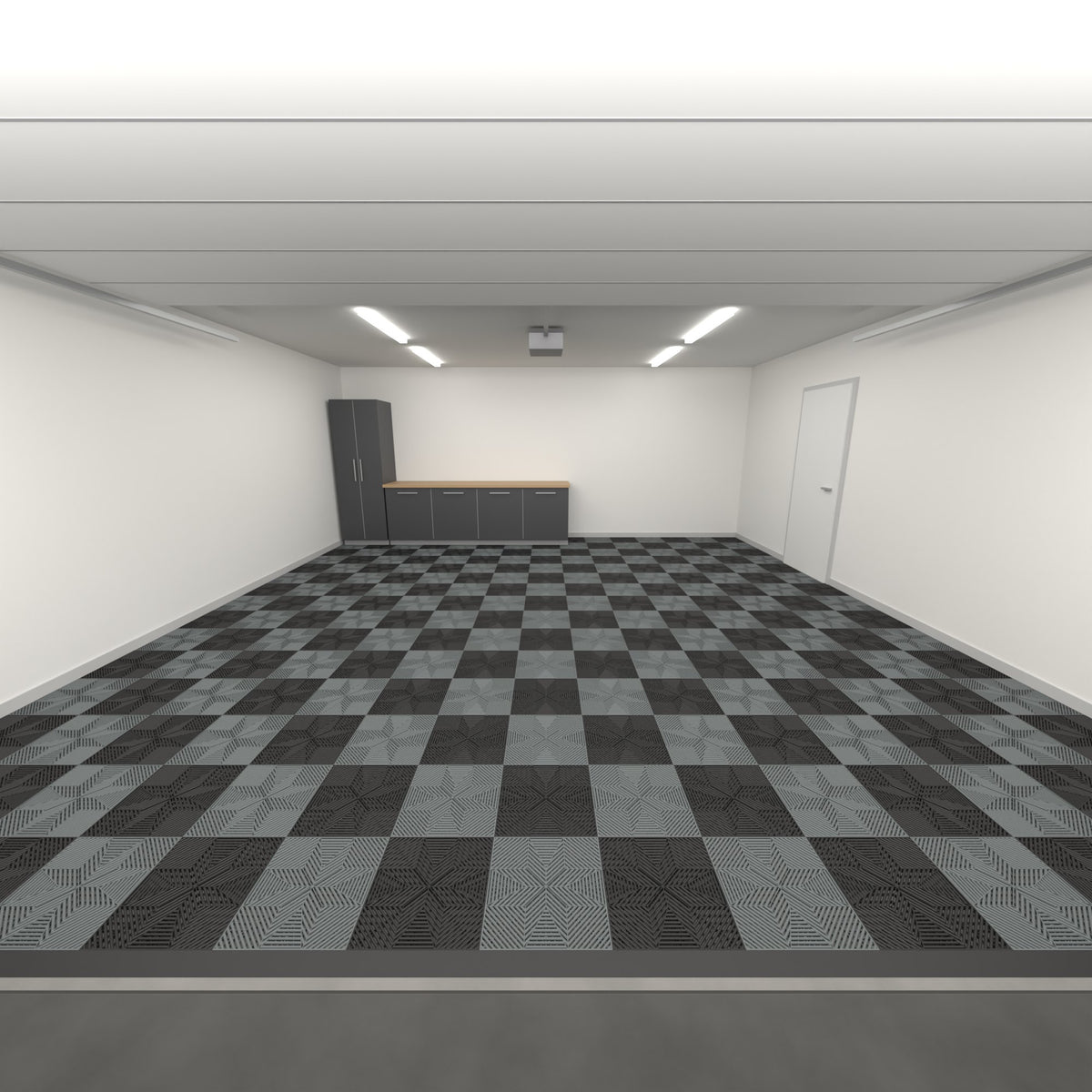 ULTRAFLUX Double Garage Floor Kit, Chequer, Jet Black / Space Grey, seen from the garage door