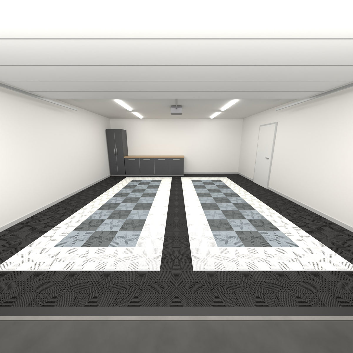 ULTRAFLUX Double Garage Floor Kit, Parking Bay Chequer Infill, Jet Black / Alpine White / Dark & Light Grey, seen from the garage door