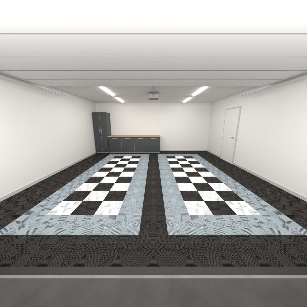 ULTRAFLUX Double Garage Floor Kit, Parking Bay Chequer Infill, Jet Black / Silver Grey / Black & White, seen from the garage door