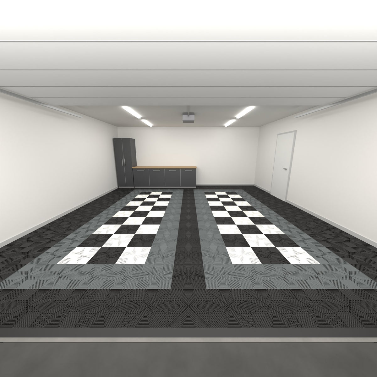 ULTRAFLUX Double Garage Floor Kit, Parking Bay Chequer Infill, Jet Black / Space Grey / Black & White, seen from the garage door