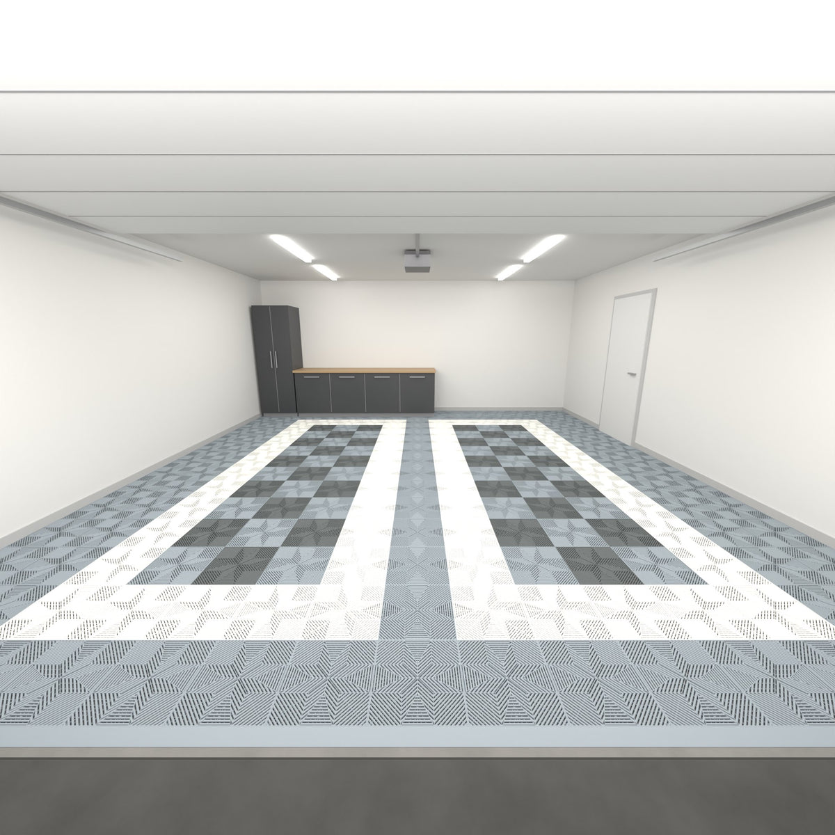 ULTRAFLUX Double Garage Floor Kit, Parking Bay Chequer Infill, Silver Grey / Alpine White / Dark & Light Grey, seen from the garage door