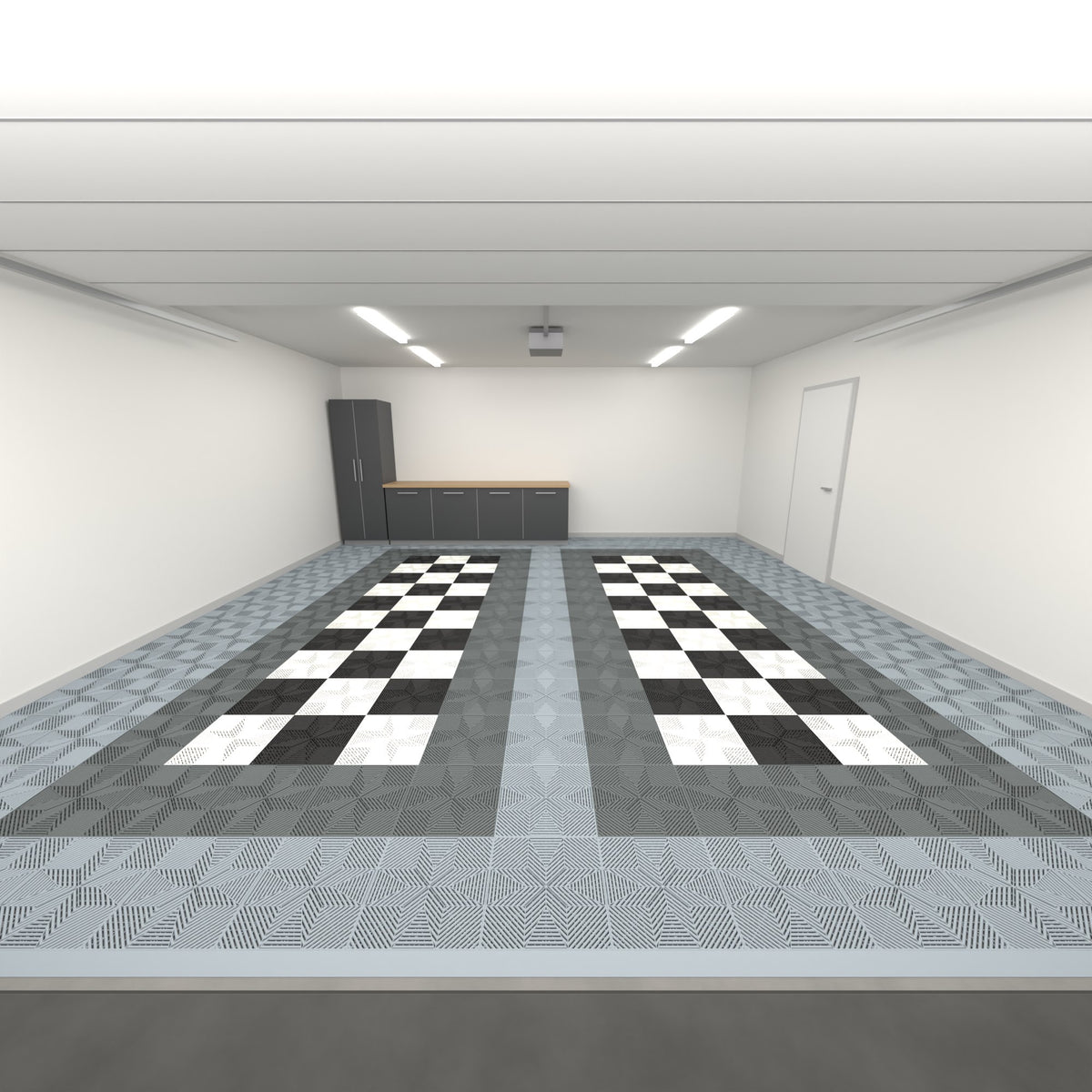 ULTRAFLUX Double Garage Floor Kit, Parking Bay Chequer Infill, Silver Grey / Space Grey / Black & White, seen from the garage door