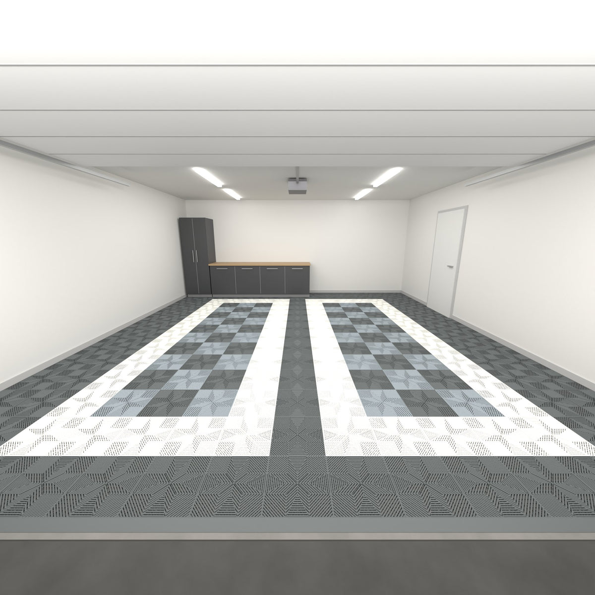 ULTRAFLUX Double Garage Floor Kit, Parking Bay Chequer Infill, Space Grey / Alpine White / Dark & Light Grey, seen from the garage door