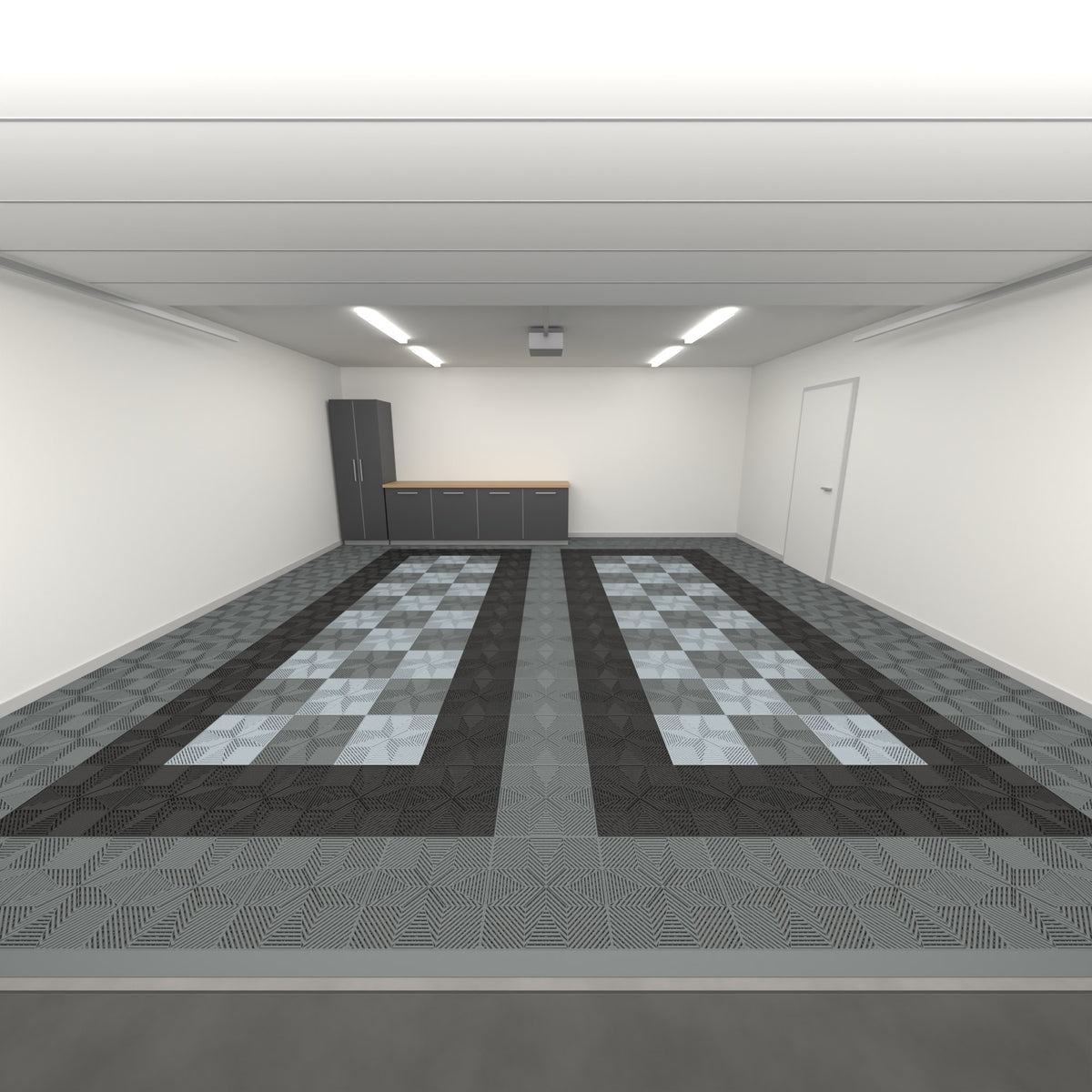 ULTRAFLUX Double Garage Floor Kit, Parking Bay Chequer Infill, Space Grey / Jet Black / Dark & Light Grey, seen from the garage door