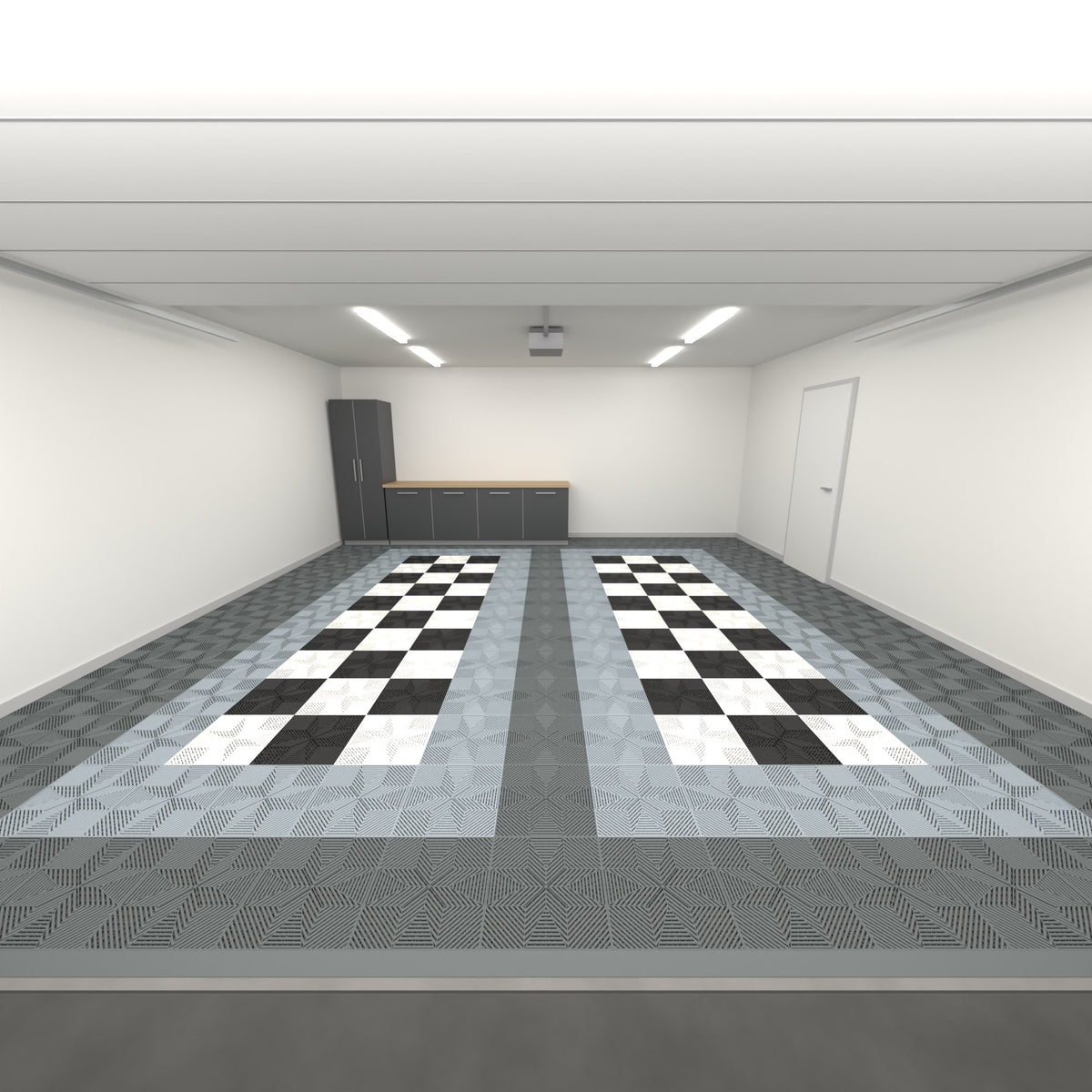 ULTRAFLUX Double Garage Floor Kit, Parking Bay Chequer Infill, Space Grey / Silver Grey / Black & White, seen from the garage door