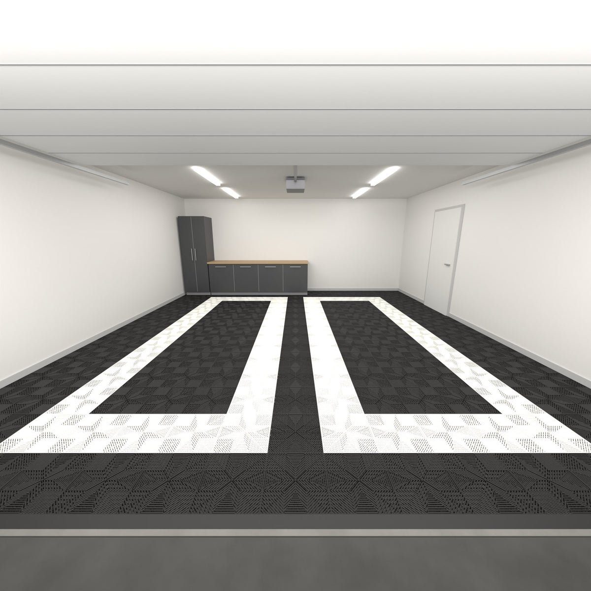 ULTRAFLUX Double Garage Floor Kit, Parking Bay Plain Infill, Jet Black / Alpine White / Jet Black, seen from the garage door
