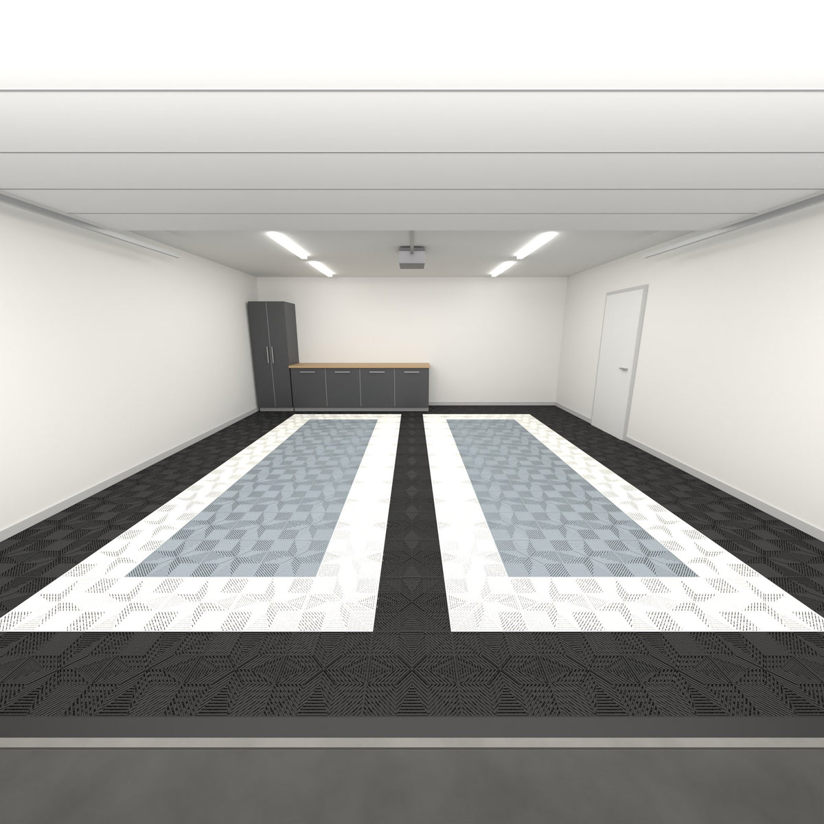ULTRAFLUX Double Garage Floor Kit, Parking Bay Plain Infill, Jet Black / Alpine White / Silver Grey, seen from the garage door