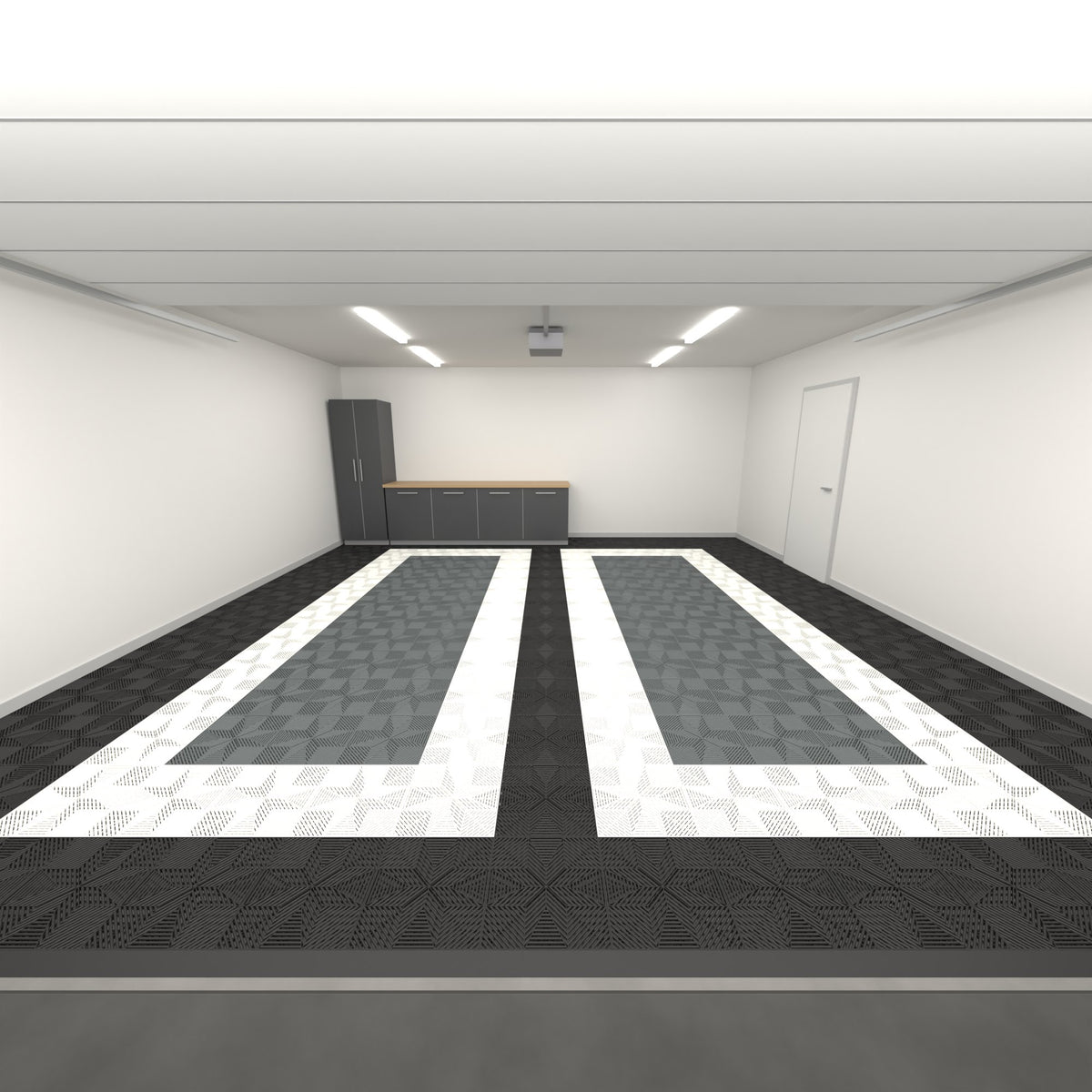 ULTRAFLUX Double Garage Floor Kit, Parking Bay Plain Infill, Jet Black / Alpine White / Space Grey, seen from the garage door