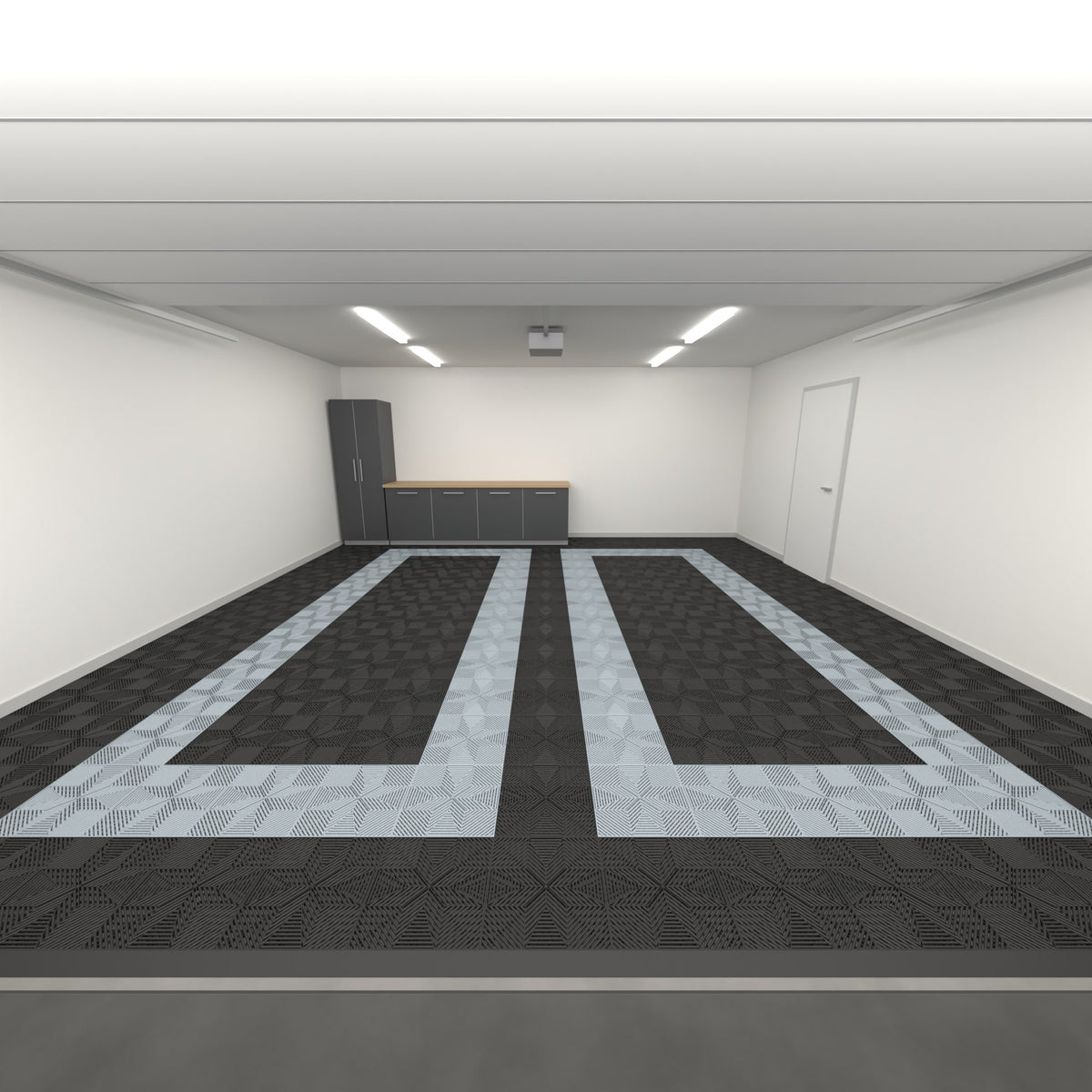 ULTRAFLUX Double Garage Floor Kit, Parking Bay Plain Infill, Jet Black / Silver Grey / Jet Black, seen from the garage door