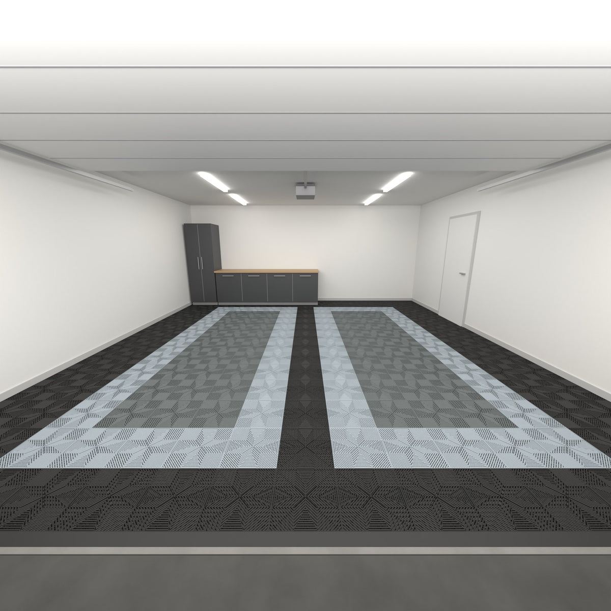 ULTRAFLUX Double Garage Floor Kit, Parking Bay Plain Infill, Jet Black / Silver Grey / Space Grey, seen from the garage door