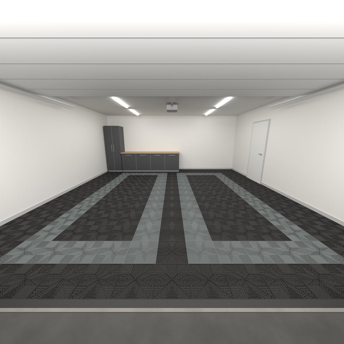 ULTRAFLUX Double Garage Floor Kit, Parking Bay Plain Infill, Jet Black / Space Grey / Jet Black, seen from the garage door