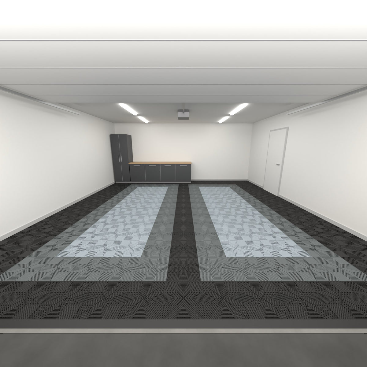 ULTRAFLUX Double Garage Floor Kit, Parking Bay Plain Infill, Jet Black / Space Grey / Silver Grey, seen from the garage door
