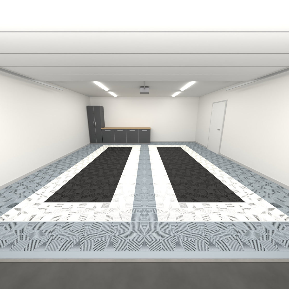 ULTRAFLUX Double Garage Floor Kit, Parking Bay Plain Infill, Silver Grey / Alpine White / Jet Black, seen from the garage door