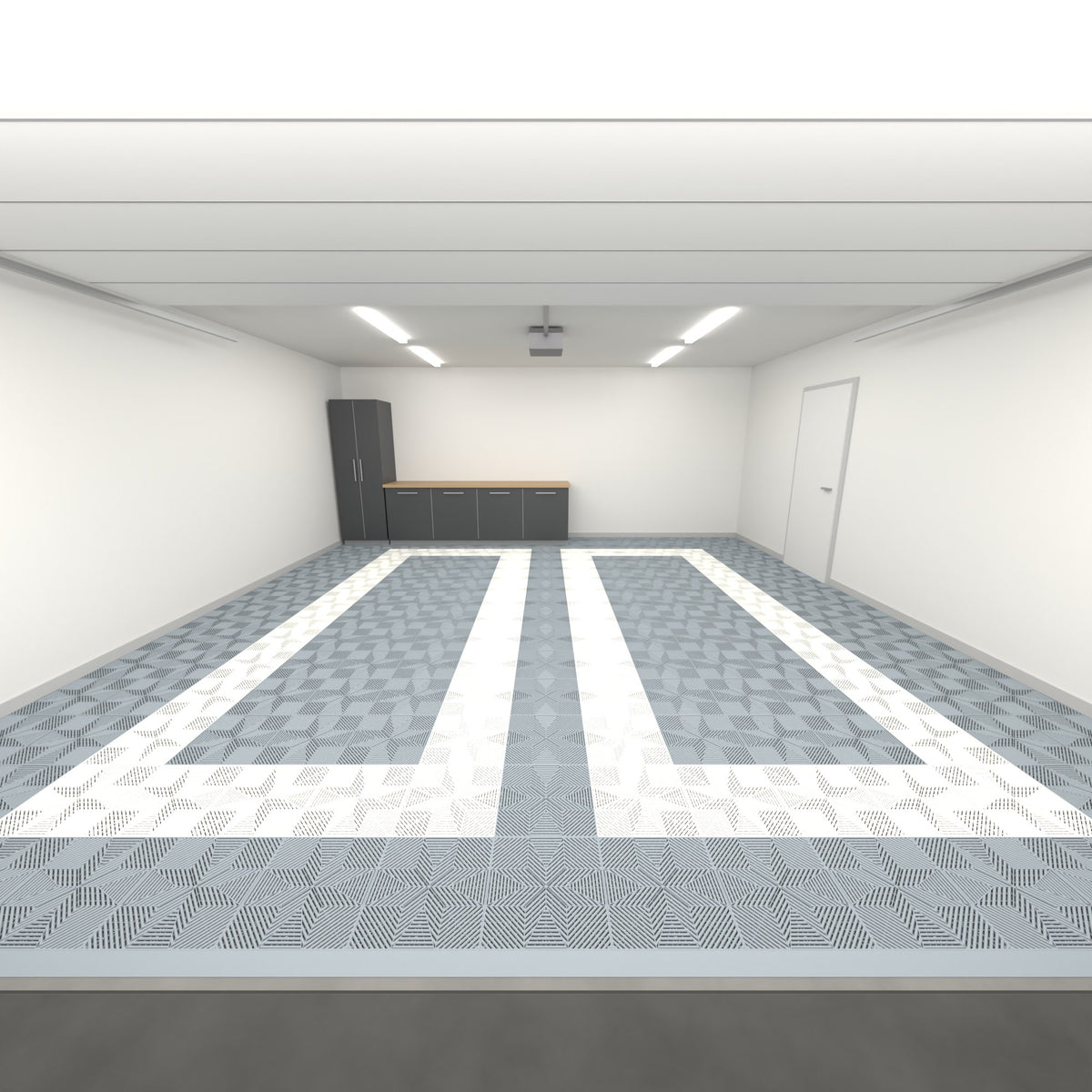 ULTRAFLUX Double Garage Floor Kit, Parking Bay Plain Infill, Silver Grey / Alpine White / Silver Grey, seen from the garage door
