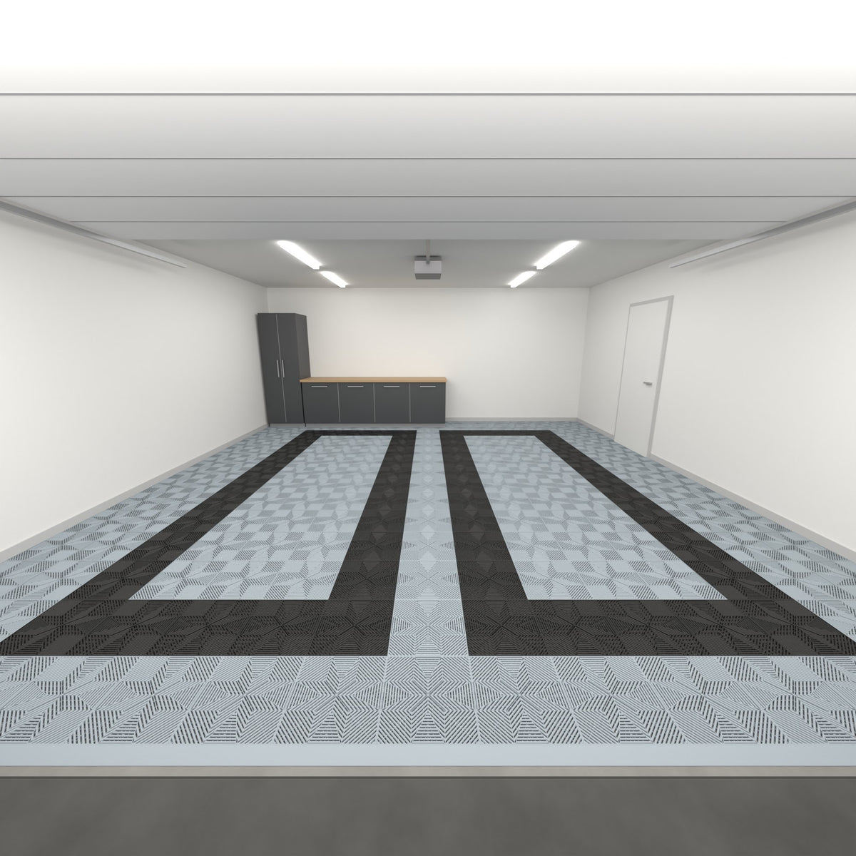ULTRAFLUX Double Garage Floor Kit, Parking Bay Plain Infill, Silver Grey / Jet Black / Silver Grey, seen from the garage door