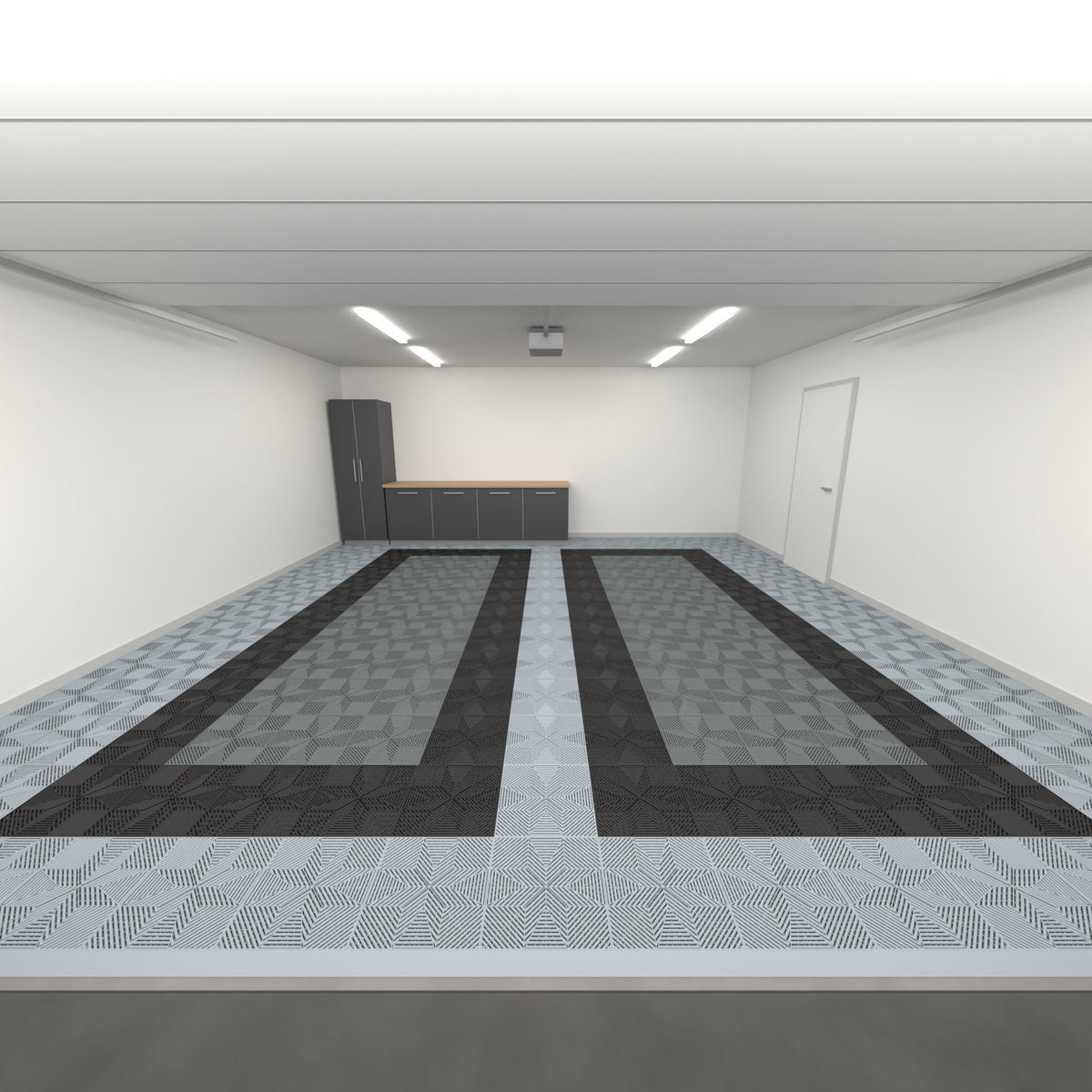 ULTRAFLUX Double Garage Floor Kit, Parking Bay Plain Infill, Silver Grey / Jet Black / Space Grey, seen from the garage door