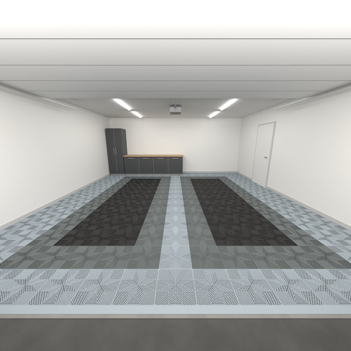 ULTRAFLUX Double Garage Floor Kit, Parking Bay Plain Infill, Silver Grey / Space Grey / Jet Black, seen from the garage door