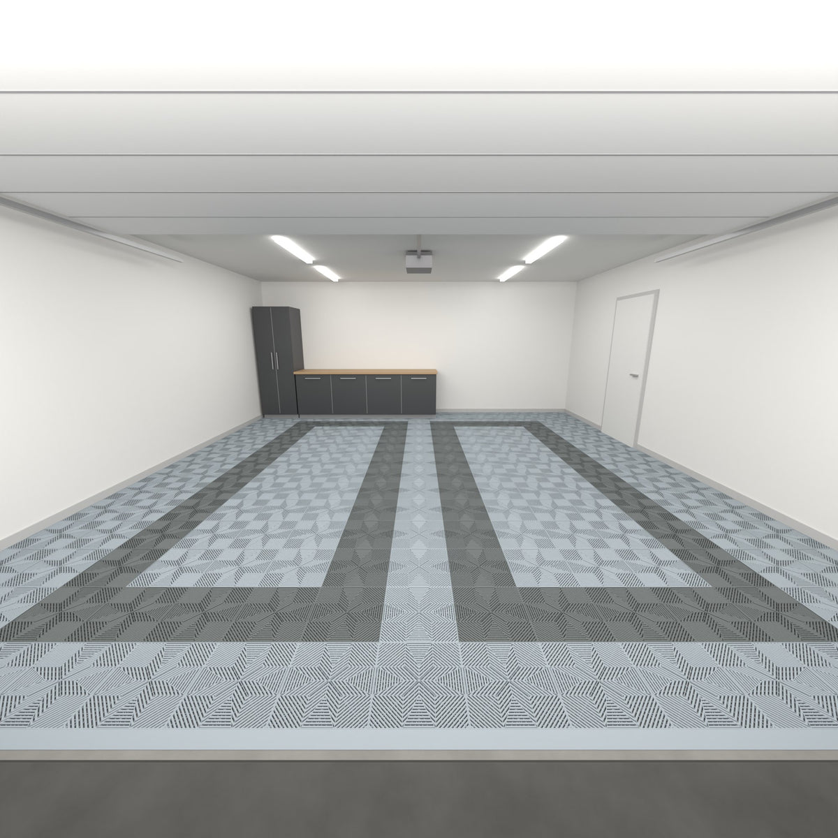 ULTRAFLUX Double Garage Floor Kit, Parking Bay Plain Infill, Silver Grey / Space Grey / Silver Grey, seen from the garage door