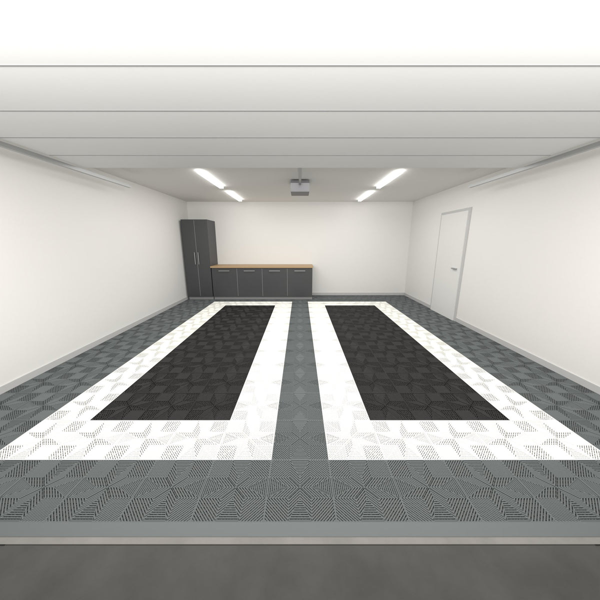 ULTRAFLUX Double Garage Floor Kit, Parking Bay Plain Infill, Space Grey / Alpine White / Jet Black, seen from the garage door