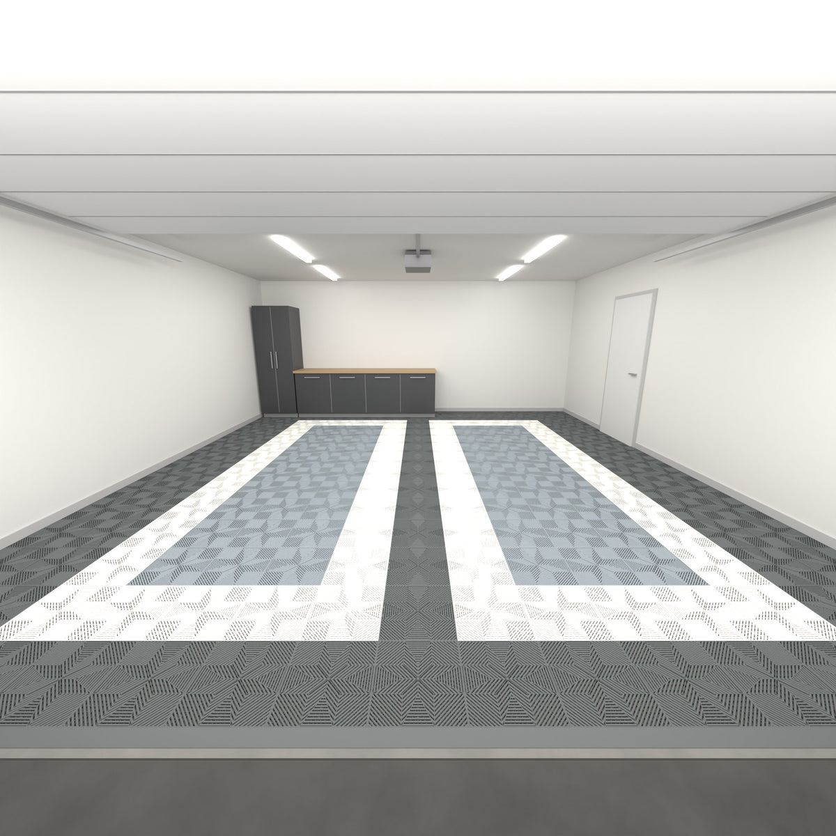 ULTRAFLUX Double Garage Floor Kit, Parking Bay Plain Infill, Space Grey / Alpine White / Silver Grey, seen from the garage door