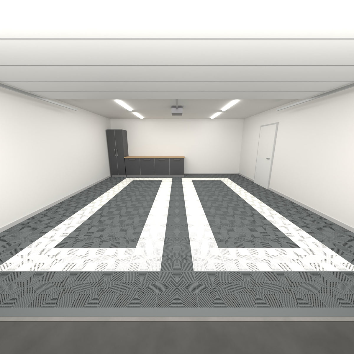 ULTRAFLUX Double Garage Floor Kit, Parking Bay Plain Infill, Space Grey / Alpine White / Space Grey, seen from the garage door