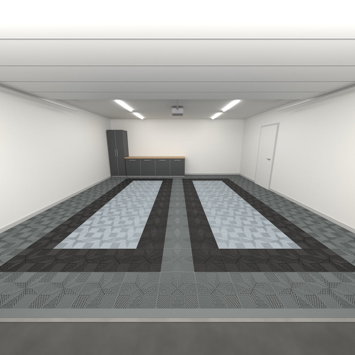 ULTRAFLUX Double Garage Floor Kit, Parking Bay Plain Infill, Space Grey / Jet Black / Silver Grey, seen from the garage door