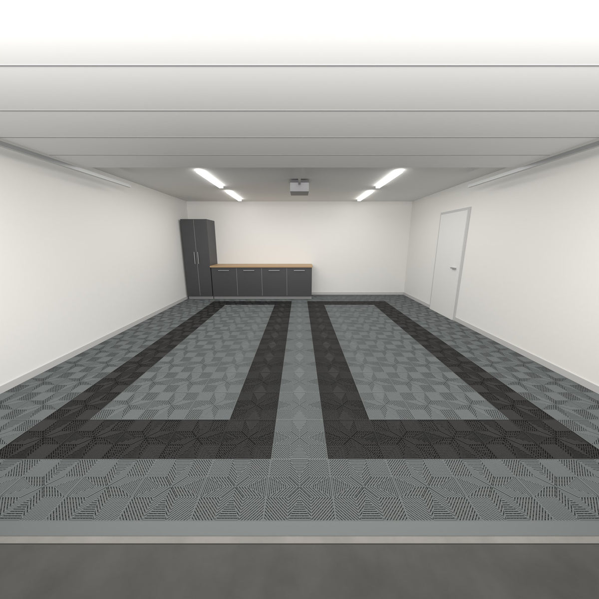 ULTRAFLUX Double Garage Floor Kit, Parking Bay Plain Infill, Space Grey / Jet Black / Space Grey, seen from the garage door