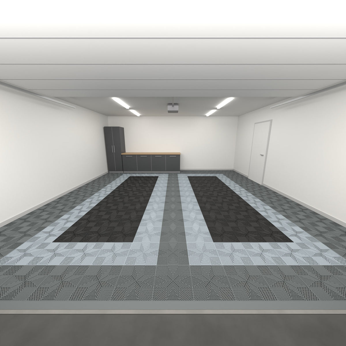 ULTRAFLUX Double Garage Floor Kit, Parking Bay Plain Infill, Space Grey / Silver Grey / Jet Black, seen from the garage door