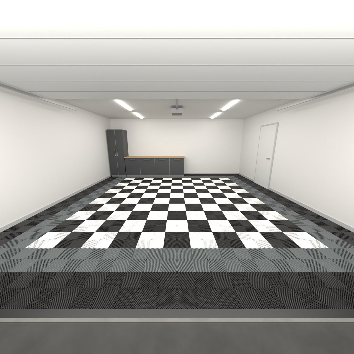 ULTRAGRID Double Garage Floor Kit, Border Chequer Infill, Jet Black / Space Grey / Black & White, seen from the garage door