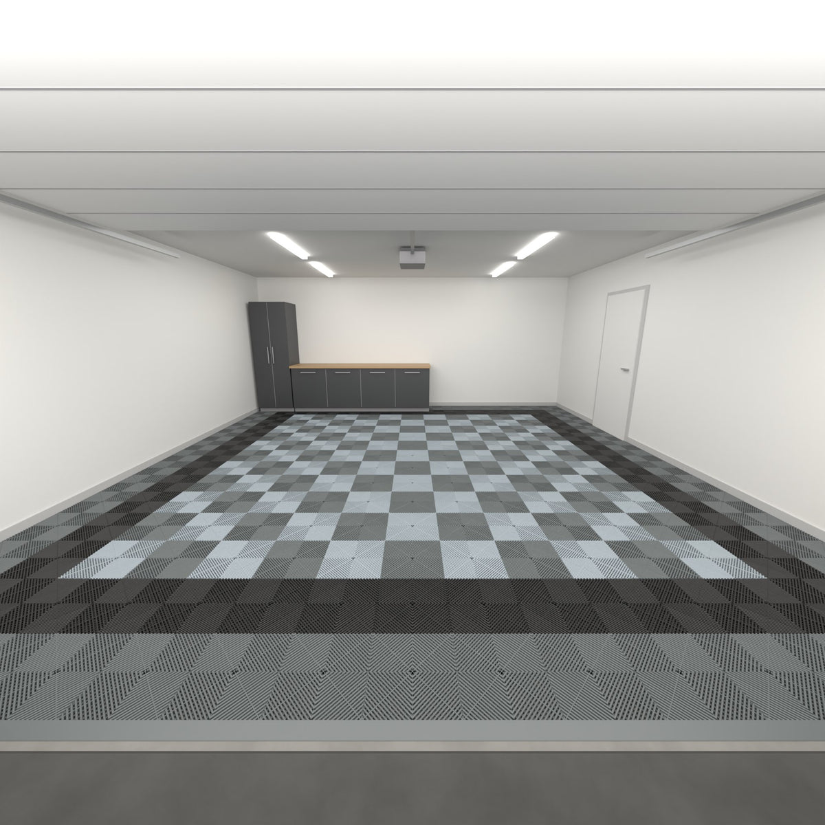 ULTRAGRID Double Garage Floor Kit, Border Chequer Infill, Space Grey / Jet Black / Dark & Light Grey, seen from the garage door