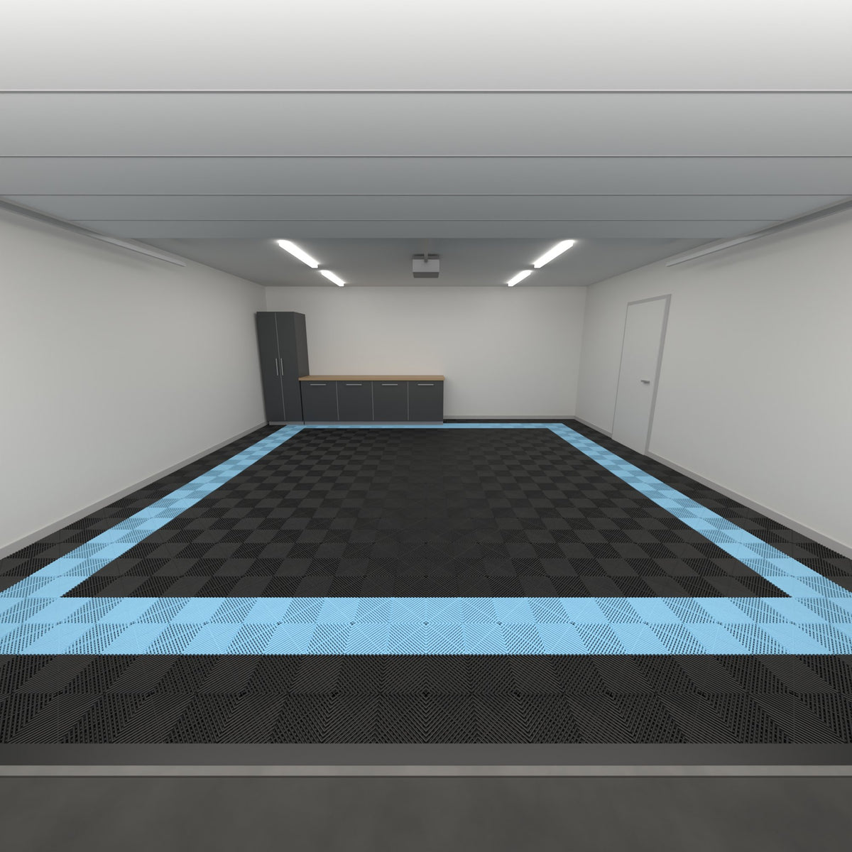 ULTRAGRID Double Garage Floor Kit, Border Plain Infill, Jet Black / Gulf Blue, seen from the garage door