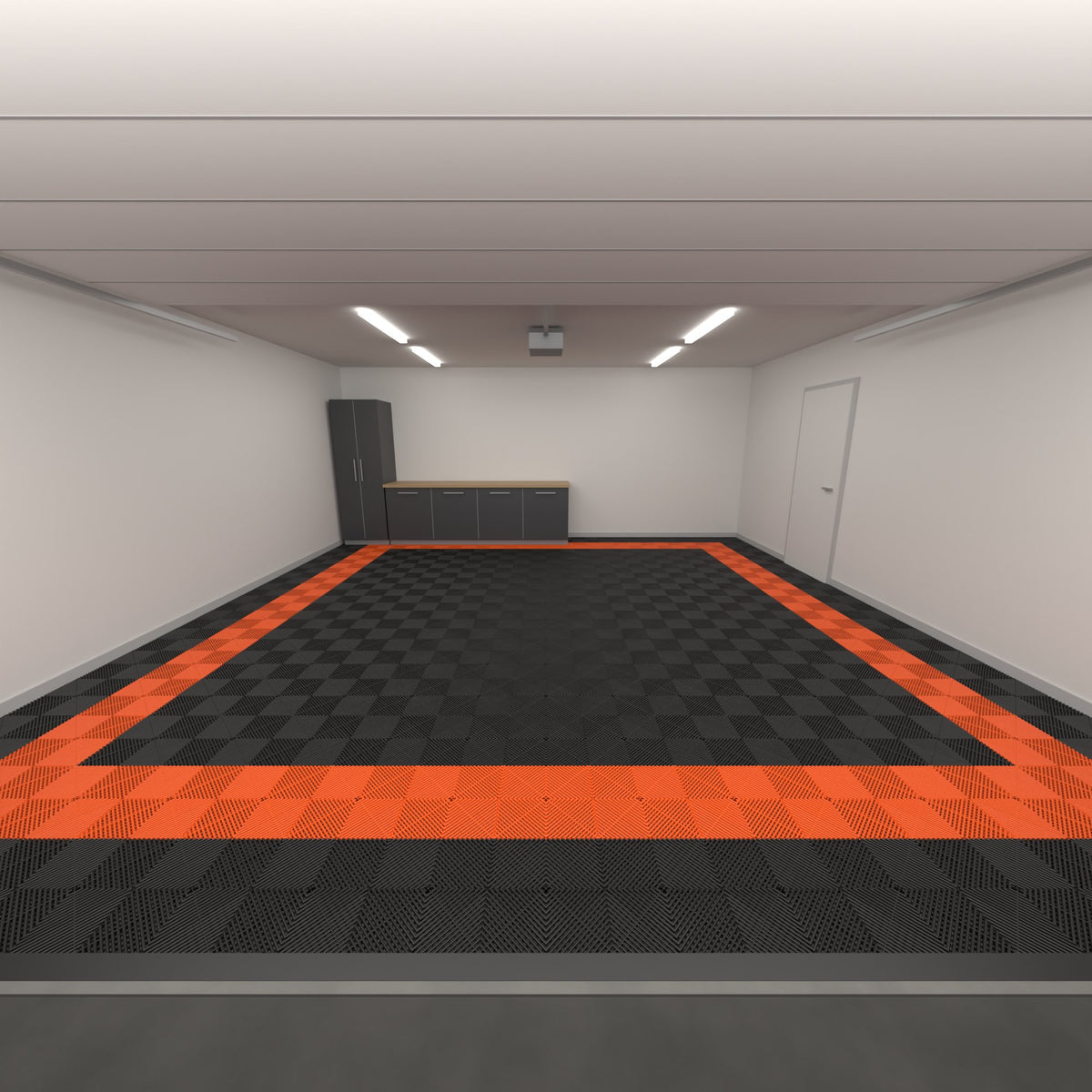 ULTRAGRID Double Garage Floor Kit, Border Plain Infill, Jet Black / Lava Orange, seen from the garage door