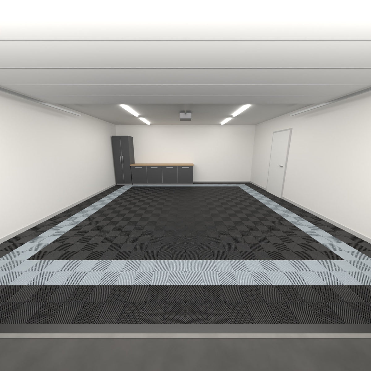 ULTRAGRID Double Garage Floor Kit, Border Plain Infill, Jet Black / Silver Grey, seen from the garage door