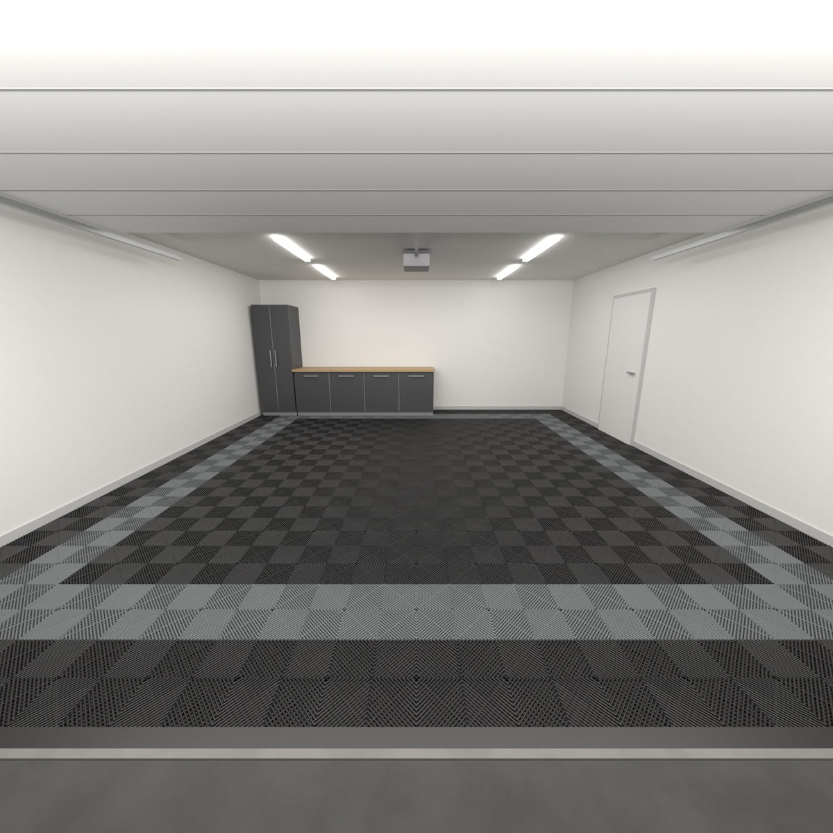 ULTRAGRID Double Garage Floor Kit, Border Plain Infill, Jet Black / Space Grey, seen from the garage door