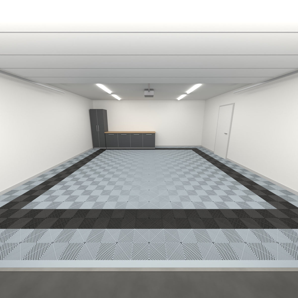ULTRAGRID Double Garage Floor Kit, Border Plain Infill, Silver Grey / Jet Black, seen from the garage door